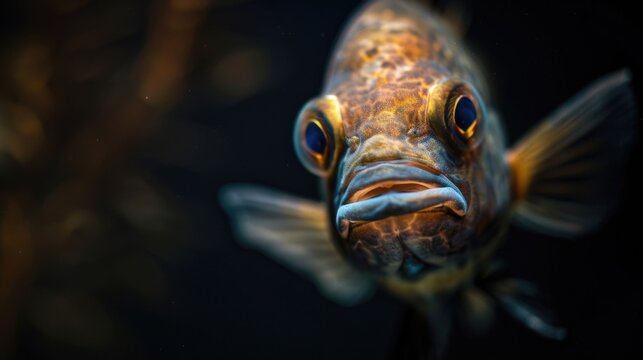 A fish swimming in water, looking directly at the camera lens