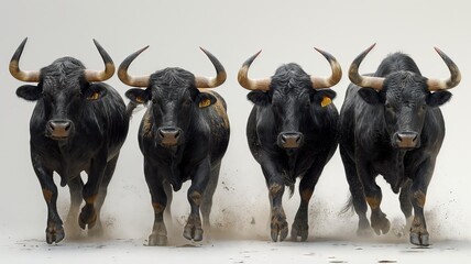 Horizontal AI illustration four powerful black bulls charging forward. Animals concept.