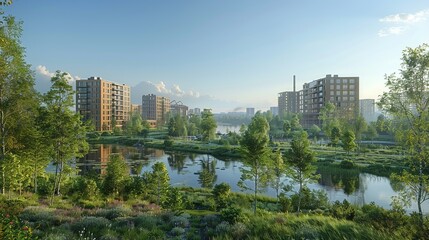 Fototapeta premium Architectural visualization of industrial complexes integrated with urban infrastructure, illustrating symbiotic relationships between cities and manufacturing. , Minimalism,