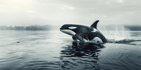 Obraz premium A majestic killer whale captured in black and white, highlighting its sleek shape and powerful features