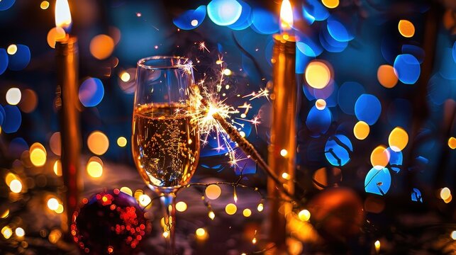 The image captures a festive scene with a champagne glass, candles, and a sparkling light, set against a dazzling and colorful background, evoking celebration and elegance.