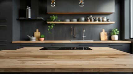 Modern kitchen featuring empty light wooden table for design mockup