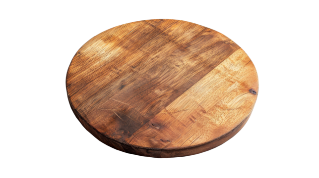 Swirled Olive Wood Cheese Board, A round olive wood cheese board displaying distinctive swirled grain patterns, perfect for elegant food presentation, isolated on white.