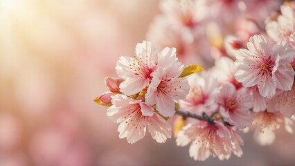 Naklejka premium Closeup nature view of Sakura blossom branch on blurred pink background with copy space for text or ads