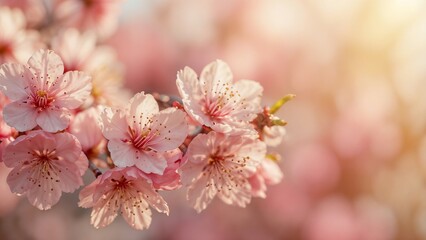 Obraz premium Sakura flowers on blurred pink background. Sakura flowers bloom in the garden on a blurred background with gentle bokeh with copy space for text or ads