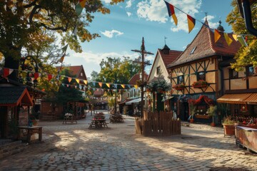 Obraz premium A picturesque village square adorned with festive decorations and a central maypole for Pierwszy dzieÅ„ Zielonych ÅšwiÄ…tek. 