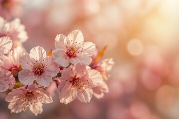 Fototapeta premium Cherry blossom, Sakura flowers on abstract blurred pink natural background with copy space for text or ads