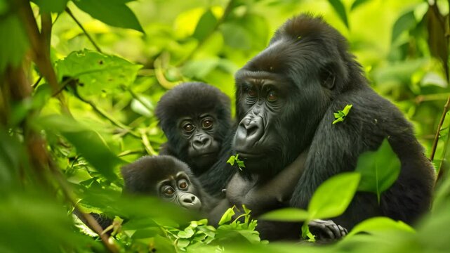 A mother gorilla and her baby are seen feeding together in their natural jungle habitat, A family of gorillas casually feeding on their habitat in a lush, tropical rainforest