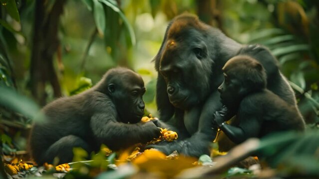 Group of Gorillas Sitting in Forest, A family of gorillas casually feeding on their habitat in a lush, tropical rainforest