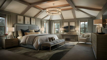 Beautiful furnished master bedroom interior in luxury home . Features vaulted ceiling with wood beams and chandelier.