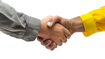 Corporate and Construction Worker Handshake Isolated, Two professionals in corporate grey and fluorescent yellow workwear engaging in a strong handshake, isolated on white.