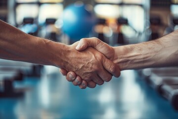 Two people shaking hands in a gym. Close-up shot. Business partnership and fitness concept