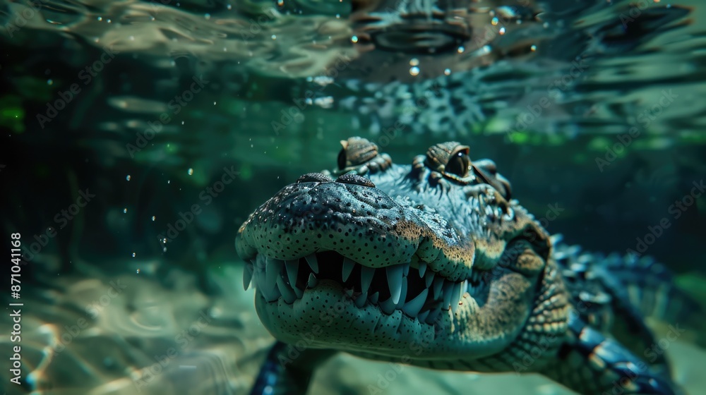 Poster a close-up view of an alligator's face submerged in water, ready to snap its jaws