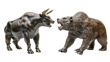 Bull and Bear Statues in Confrontation, Metallic statues of a bullish and a bearish figure facing off, symbolizing market trends in finance, isolated on white.