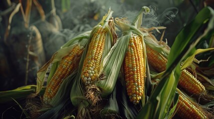 Fototapeta premium A pile of corn sits atop a pile of hay, a rustic and natural scene