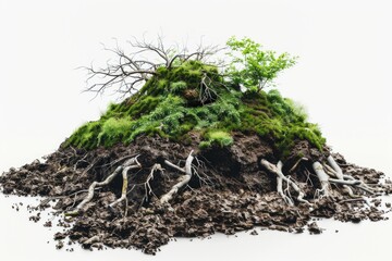 A tree grows out of a pile of dirt, natural scenery