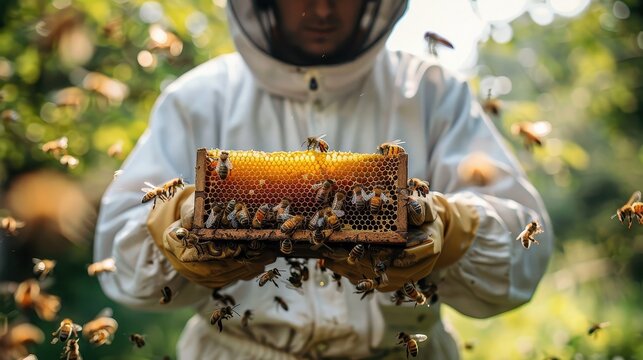 A beekeeper wearing full protective gear examines a honey-filled honeycomb, surrounded by bees, illustrating the intricate process of honey production and beekeeping practices.