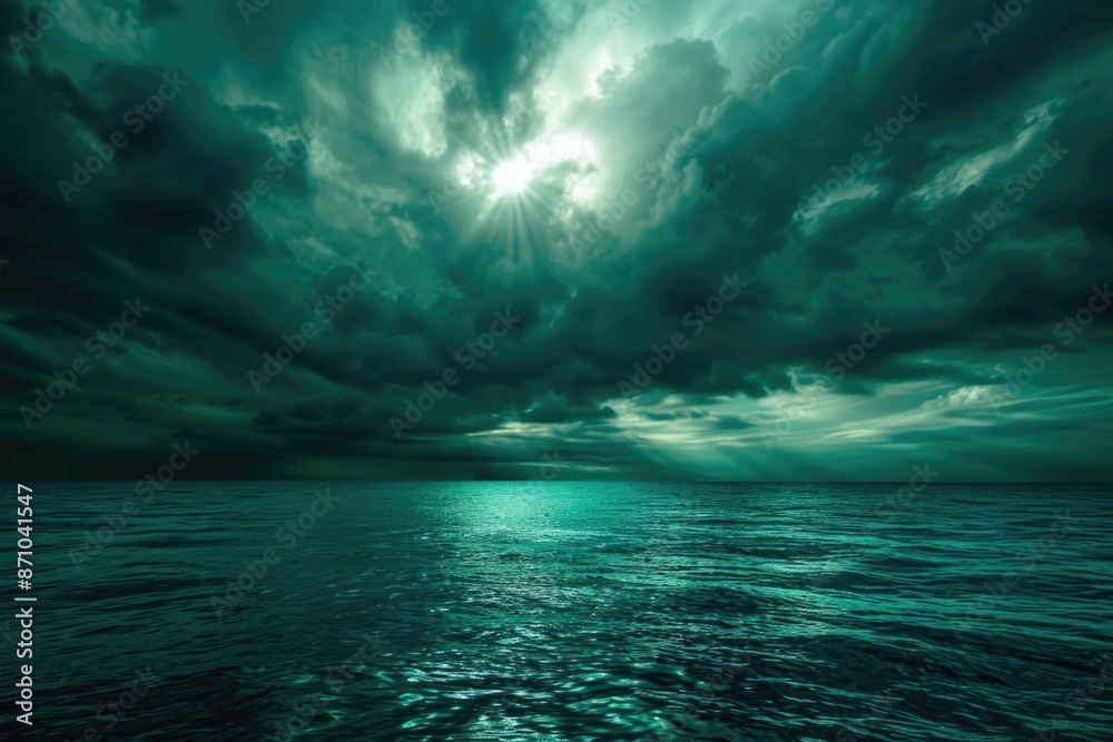 Poster a serene and peaceful scene with a large body of water under a cloudy sky, suitable for use in trave