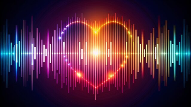 Vibrant heart-shaped sound wave oscillates amidst colorful audio frequency bars in a mesmerizing abstract vector illustration of love for music.
