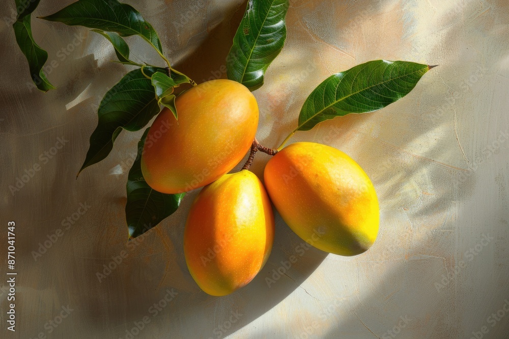 Poster a still life image of three mangoes and some leaves arranged on a table