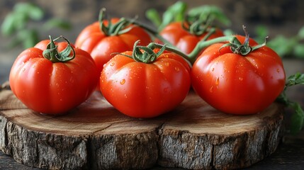 Freshly picked, vibrant beefsteak tomatoes rest on a rustic wooden slab, glistening with dewy freshness.