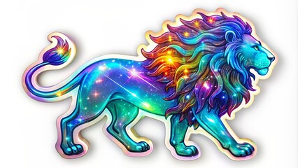 A vivid, mesmerizing, holographic Leo zodiac symbol sticker with a radiant core, suspended on a transparent background, exudes mystical cosmic charm.