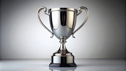 A majestic, polished silver trophy cup sits proudly on a sleek white background, symbolizing...