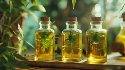 Sunlit cannabinoid oil bottles shimmer amidst lush greenery, offering a natural remedy.