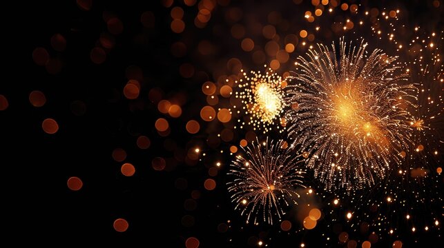 Vibrant displays of golden fireworks explode against the dark night sky, creating a spectacular visual feast of sparkles and lights that embody celebration and festivity.