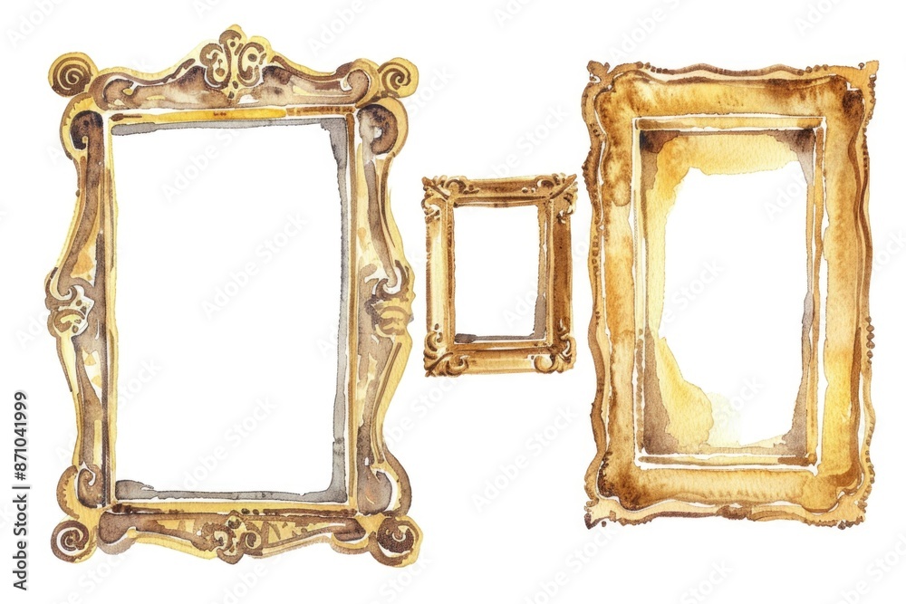 Poster set of three ornate gold picture frames for display and decoration