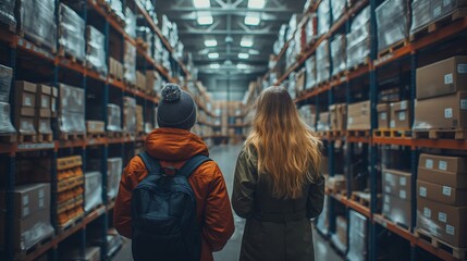 Two people explore a vast warehouse, surrounded by towering shelves filled with boxes, in a scene of industrial scale and teamwork.