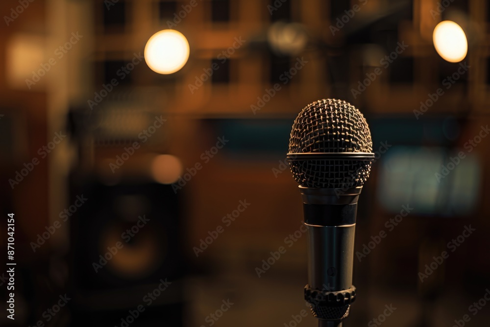 Poster Microphone in a recording studio with blurred background