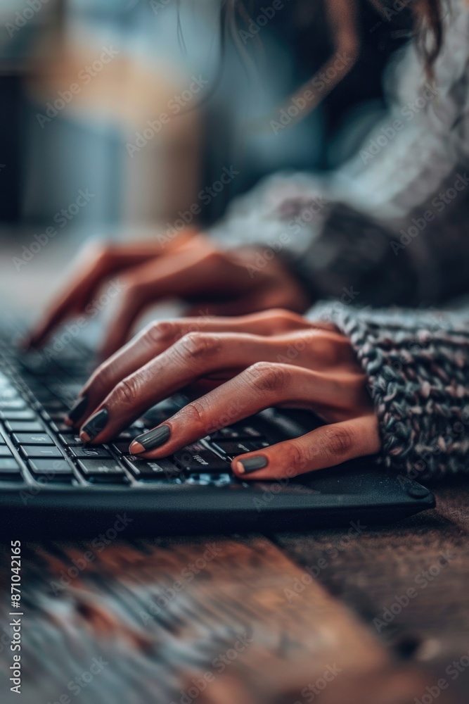 Aufkleber close-up shot of a person typing on a keyboard, focused on the keys and hands
