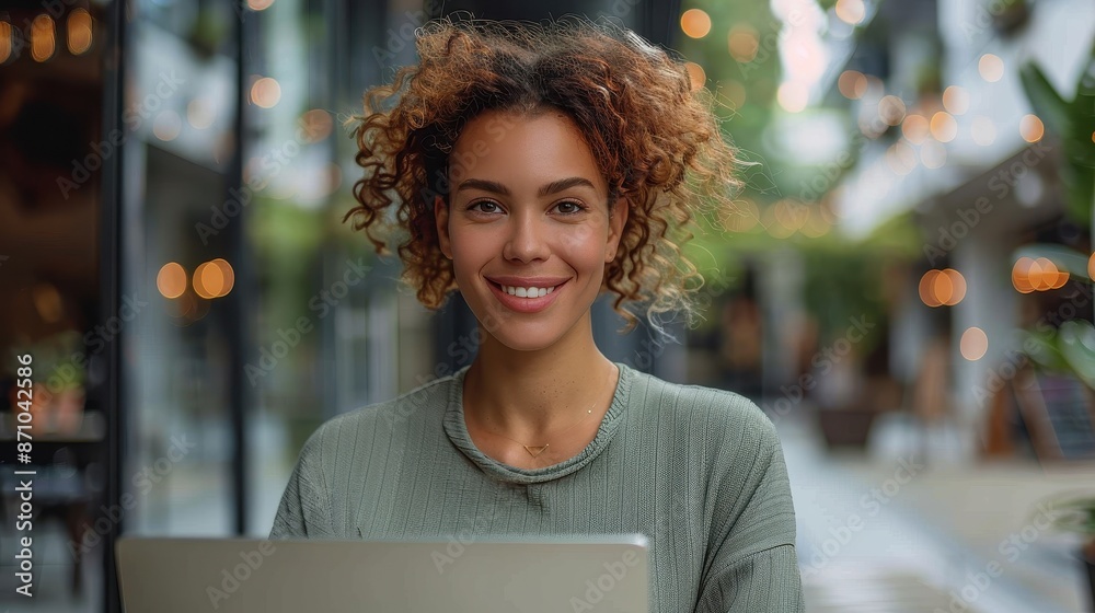 Wall mural A young woman with curly hair and a broad smile working on her laptop in an outdoor cafe, capturing the joy and productivity in an urban, stylish setting.