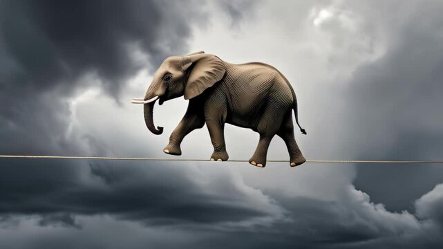 elephant walks on a tightrope against a dramatic, stormy sky. Surrealism concept