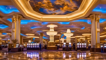 Obraz premium Luxurious dining room interior design with ocean view, rendered in mesmerizing oil on canvas, transporting you to a seaside paradise. This spacious sanctuary features a grand, polished walnut round ta