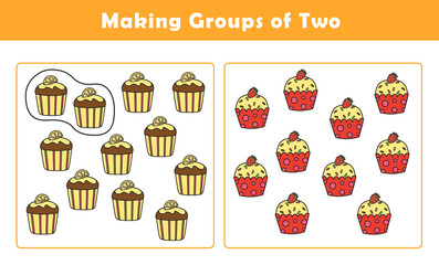 Making Groups of Two Worksheet. Grouping Picture Math Activity for Kids. Fun Math Activity for Children. Counting with Cute Pictures Worksheet.
