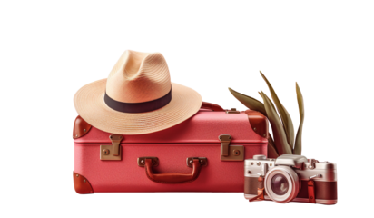 Travel Essentials with Vintage Suitcase and Camera, Vintage style travel set up with a red leather suitcase, straw fedora hat, tropical plant, and a classic camera, isolated on white.