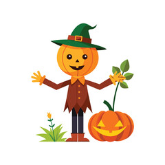 Cartoon scary halloween pumpkin scarecrow art vector