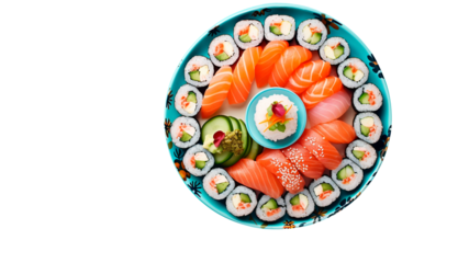 Assorted Sushi Platter on White Background, Top view of a colorful sushi selection on a blue patterned plate, presented on a clean white backdrop.