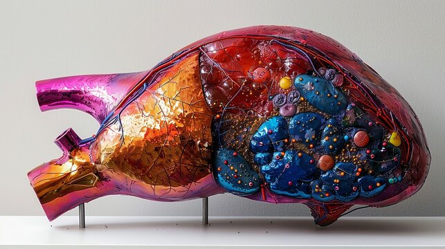 Cross-section of healthy human liver, showing lobular organization and blood supply, essential in anatomy studies. , Minimalism,