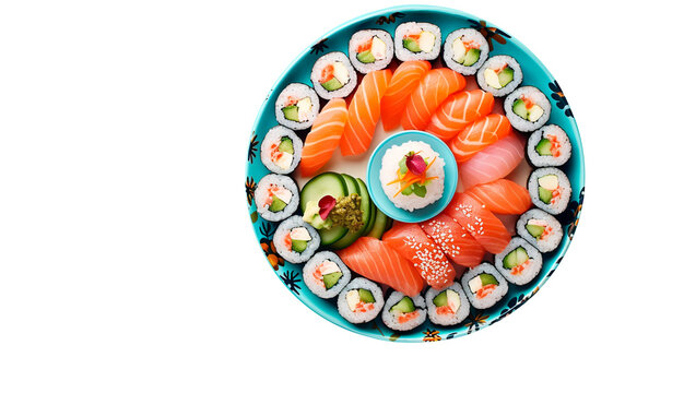 Assorted Sushi Platter on White Background, Top view of a colorful sushi selection on a blue patterned plate, presented on a clean white backdrop.