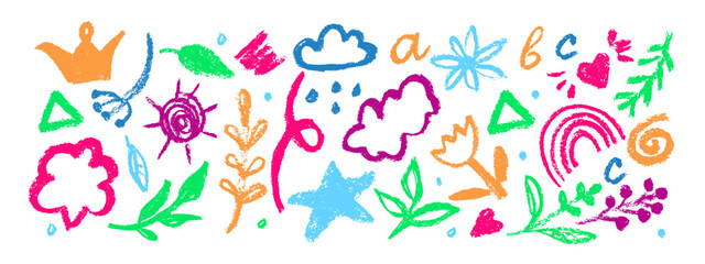 Set of multicolored charcoal drawn symbols: flowers, cloud, stars,  crowns,  crosses, swirls and dots with dry brush texture.  Bold graffiti style shapes. Vector trendy illustration.