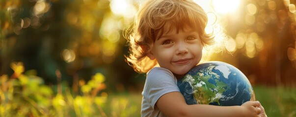Fototapeta premium Happy child hugging a globe, symbolizing environmental protection and love for Earth. Free copy space for text.