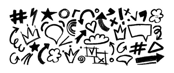 Set of charcoal drawn symbols: flowers, cloud,  arrows, stars,  crowns,  crosses, swirls and dots with dry brush texture.  Bold graffiti style shapes. Vector trendy illustration.