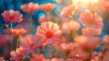 Beautiful pink cosmos flowers in sunlight nature garden vibrant flora concept