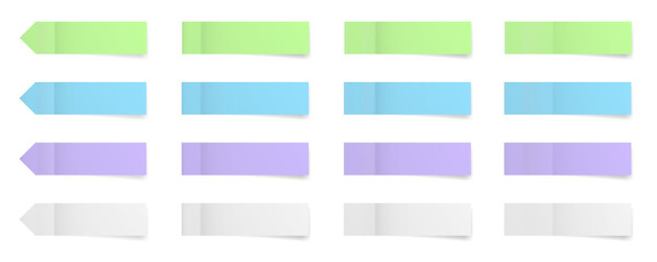Set of long thin paper stickers. Pointed bookmarks. Stick in notes. White, blue, purple and green colors. Multicolor post it notes. Sheets of paper. Tag, sticky note.	
