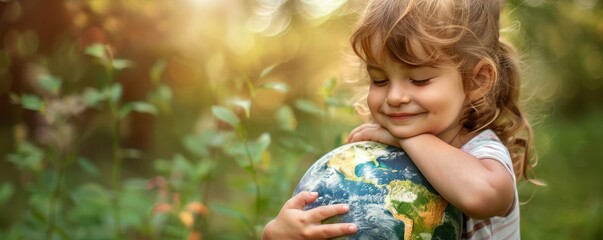 Fototapeta premium Happy child hugging a globe, symbolizing environmental protection and love for Earth. Free copy space for text.