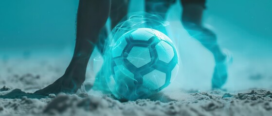 Naklejka premium A conceptual beach soccer match where the ball is imbued with ghostly energy
