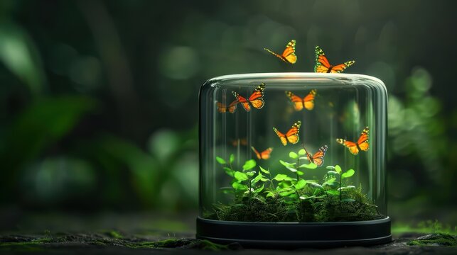 A conceptual coinoperated device that releases ghostly butterflies, each carrying seeds of rare and magical plants to rejuvenate natural landscapes, with copy space high tech